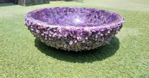 Handmade Amethyst Vessel Sink Twenty Four Inch Wide Basin Top Mount Wash Bowl With Dope Glossy Glaze Sleek Modern Lines ideal for decor.