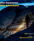 Person hiking on a rocky trail using Dope Rechargeable LED Flashlight With 180 Degree Wide Beam, 1000 Lumens for illumination.