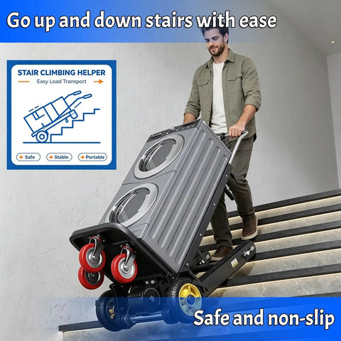 Motorized Stair Climbing Cart With Heavy Duty Foldable Electric Dolly Smart Brake And Smooth 300kg Carrying Capacity Plus 25mm Tracks For Safe Lifting On Any Rough Or Bumpy Indoor Floor using stairs