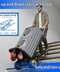 Man using Heavy Duty Motorized Stair Climbing Dolly With Electric Hand Truck on stairs for heavy load transport.