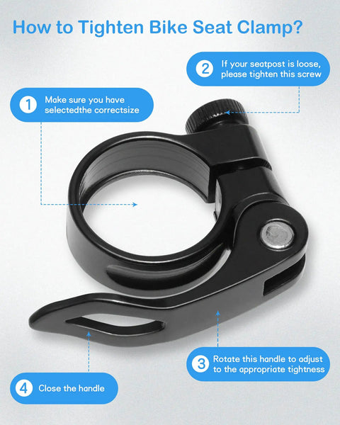 Diagram showing how to use 2 Pack Bike Seat Clamps 31.8mm Seatpost Clamp For 31.8mm Seat Tube Inner Diameter Black Aluminum 6061.