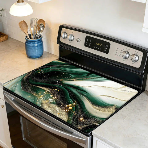 Green Gold Marble Stovetop Cover For Glass Cooktops, Heat Resistant Flat Top Mat Protects Countertop 28 X 20 Inch