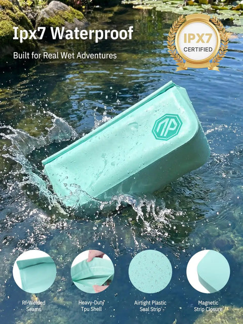 IPX7 Waterproof Fanny Pack With Magnetic One Hand Closure Dry Bag for kayaking in water, green color, RF-welded seams visible