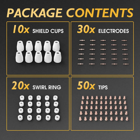 Plasma Cutter Torch Consumables Kit With 110 Pcs Pro Grade Electrodes Nozzles Cups Rings Tips For PT31 Ideal For CUT40 And CUT50 And LG40 Torches. Package contents: 10 shield cups, 30 electrodes, 20 swirl rings, 50 tips.