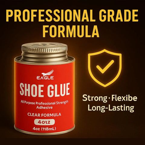 Go-To Heavy Duty Shoe Cement For Sole Repair can, 4oz, labeled professional grade formula, clear adhesive for shoes.