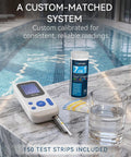 Hassle Free Digital Pool Water Test Kit With Instant Reader For Dead On Readings 7 In 1 Heavy Duty Analysis on marble surface.