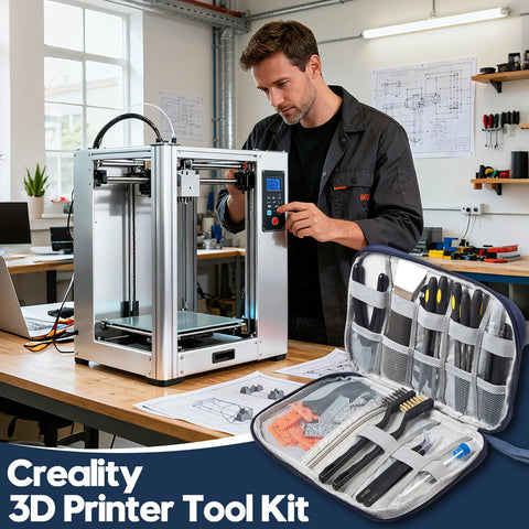 Creality 3D Printer Tool Kit, 46-piece; roll-up case open with files, brushes, nozzle cleaner, scraper, wire cutter