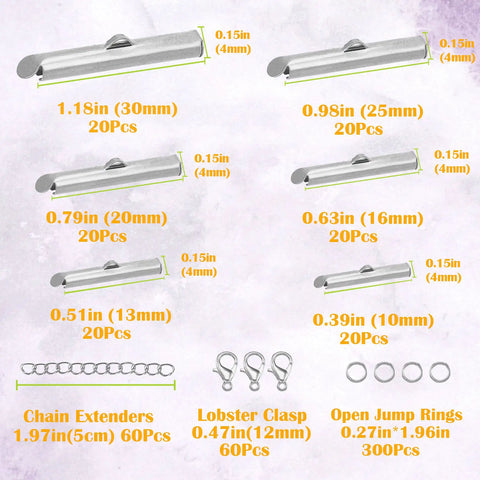 All Size Slider Clasp Jewelry Making Kit With Beading Tube Ends, Open Jump Rings, Lobster Clasps, Chain Extenders In Silver