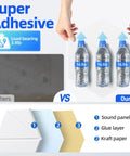 Kickass 12 Pack Hexagon Acoustic Panels For Walls showing peel and stick adhesive test with water bottles for weight comparison.
