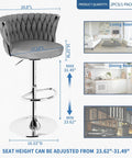 Diagram of Velvet Swivel Bar Stools Set of 2 Modern Counter Height Chairs With High Backrest Adjustable Barstools, showing dimensions.