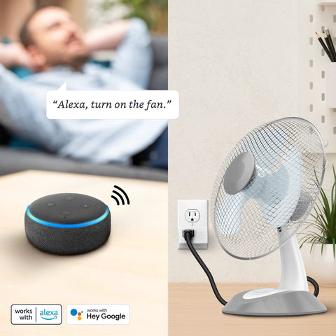 Person using Smart WiFi Plug Works With Alexa And Google Home No Hub Required 2 4 GHz Network to control a fan remotely.