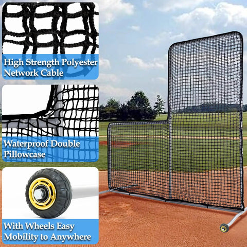 7x7 Foot Baseball Softball L Screen For Pitcher Safety With Wheels Portable Pitcher Guard With Steel Frame For Backyard Drills Coaches And Youth Training Protective Shield For Batting Cages And Practice Sessions