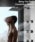 GRANDJOY Dual 12" Shower System with Handheld Spray, Matte Black features dual rainfall heads and six body jets in use.