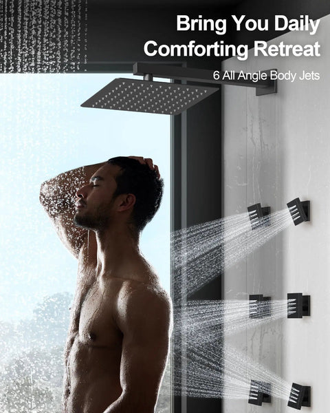 GRANDJOY Dual 12" Shower System with Handheld Spray, Matte Black features dual rainfall heads and six body jets in use.