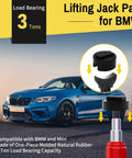 Heavy Duty Jack Pad Adapter Set For BMW And Mini Four Piece Rubber Pucks And Dual Use Axle Saddle Adapters displayed with car