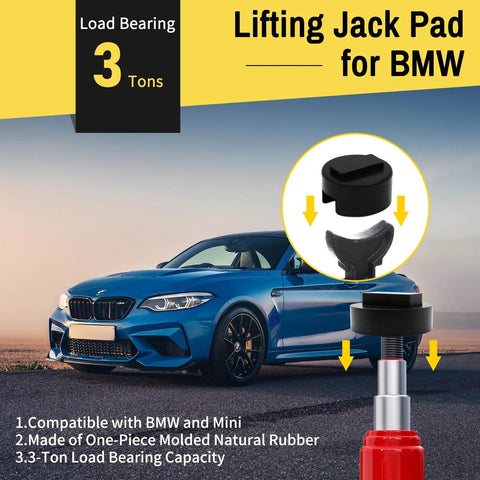 Heavy Duty Jack Pad Adapter Set For BMW And Mini Four Piece Rubber Pucks And Dual Use Axle Saddle Adapters displayed with car