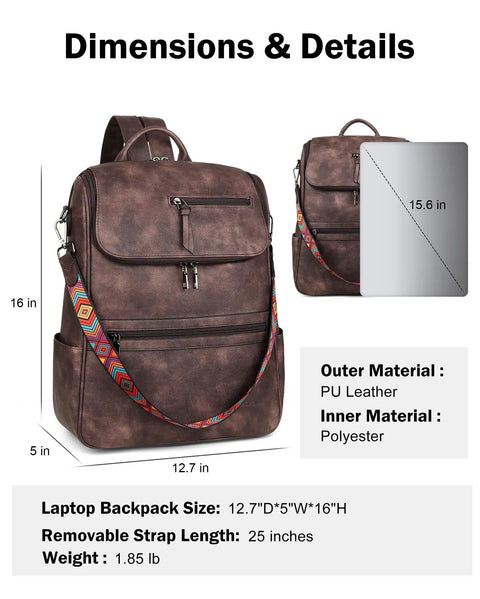 Leather Laptop Backpack For Women With Independent Laptop Compartment Fits Up To 15.6 Inches in coffee color with strap detail.