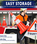 Firefighter holding High Visibility Orange Traffic Cones Set Of 10 With Reflective Silver Collars For Construction And Road Work.