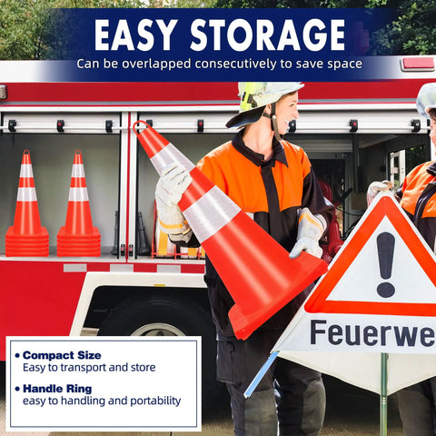 Firefighter holding High Visibility Orange Traffic Cones Set Of 10 With Reflective Silver Collars For Construction And Road Work.