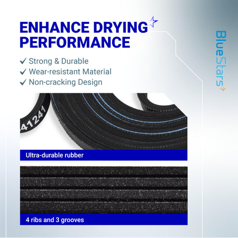 Must Have Dryer Drum Belt And Pulley Kit For Kenmore Whirlpool Dryers, showing durable rubber belt with 4 ribs and 3 grooves