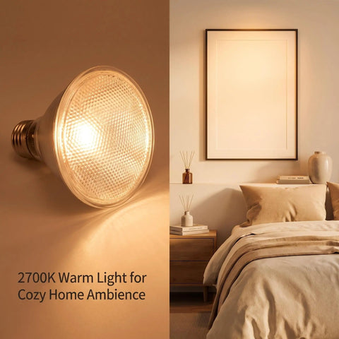 KOFEOPT 2-Pack PAR38 Flood Light Bulbs, 90W 120V Halogen Bulb Dimmable, E26 Base PAR38 Bulb 2700K Warm White in cozy home setting.