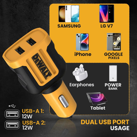 Fast Charging Dual USB Car Charger Adapter 24W Cigarette Lighter USB A Ports Two Port Auto Charger, devices shown compatible