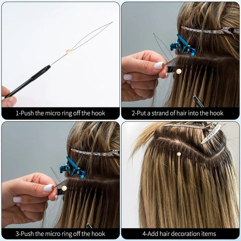 Using 10 Pack Hair Extension Loop Tools And Needle Threaders For Easy Stringing And Styling on hair extensions.