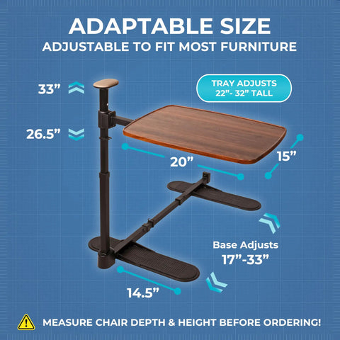 Diagram of Wonder Tray Plus Adjustable Recliner Swivel TV Tray With Easy Grip Standing Handle, dimensions shown.