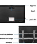 Front and back view of Fireproof File Box With Lock And Zipper Pockets, Collapsible Filing Organizer Storage Cabinet, black.
