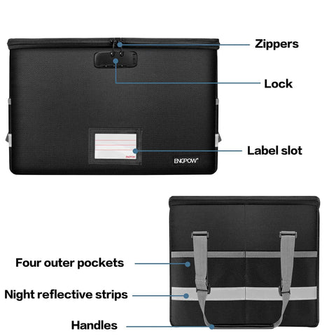 Front and back view of Fireproof File Box With Lock And Zipper Pockets, Collapsible Filing Organizer Storage Cabinet, black.