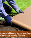 Person installing Heavy Duty Biodegradable Paper Weed Barrier Roll 3 X 100 Ft for outdoor gardens and lawns.