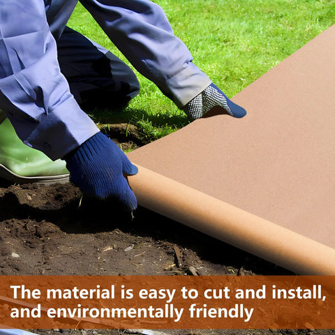 Person installing Heavy Duty Biodegradable Paper Weed Barrier Roll 3 X 100 Ft for outdoor gardens and lawns.