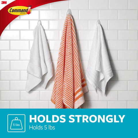 Damage Free Bathroom Organization 3 Large Towel Hooks With Water Resistant Strips No Tools Needed Easy Install Clear Frosted Finish For Towels Robes Loofahs And Bath Accessories showing three towels on hooks.