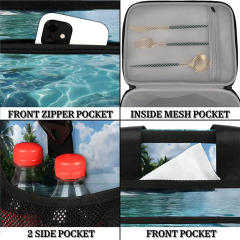 Picnic Backpack Cooler With Built In Lunch Box Insulated, showing front zipper pocket, mesh pocket, and side pocket with bottles