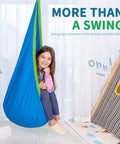 Kids Pod Swing Seat Cotton Hammock Chair For Indoor And Outdoor Play Blue Sensory Swing with child sitting and smiling