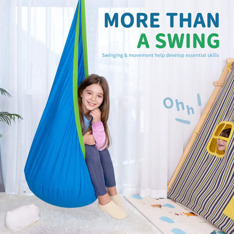 Kids Pod Swing Seat Cotton Hammock Chair For Indoor And Outdoor Play Blue Sensory Swing with child sitting and smiling