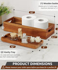 Premium Acacia Wood Toilet Tank Caddy And Vanity Tray Duo Ideal For Bathroom Clutter Control; includes 15" basket and 12" tray.