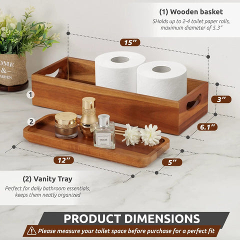 Premium Acacia Wood Toilet Tank Caddy And Vanity Tray Duo Ideal For Bathroom Clutter Control; includes 15" basket and 12" tray.