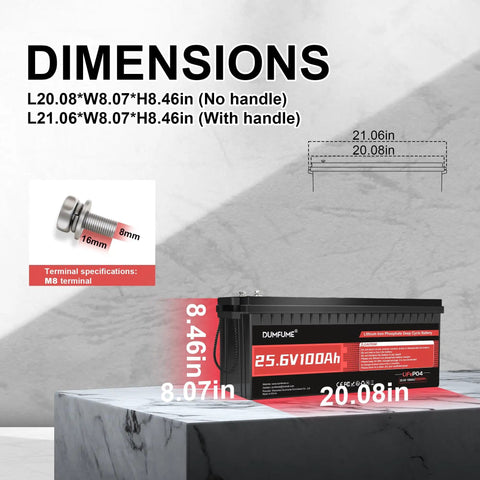 Image showing dimensions and specifications of 25.6V 100Ah LiFePO4 Battery For RVs, Solar, Off Grid And Backup Power, 2560Wh, 4000 Plus Cycles, 100A BMS, 100 Percent DOD, Ultra Lightweight, High Energy Density, Perfect For Camping, Home Backup and Mobile Power, including terminal details.