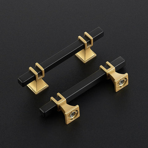 Black and gold cabinet pulls 30 pack with 3 inch hole center square handles for cabinets and drawers, durable zinc alloy base, close-up