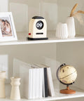 Clear Acrylic Shelf Dividers For Closet Organization 6 Pack adjustable dividers supporting books and decor on a shelf.