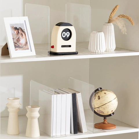 Clear Acrylic Shelf Dividers For Closet Organization 6 Pack adjustable dividers supporting books and decor on a shelf.
