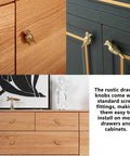 Image of 2 Pack Vintage Bird Cabinet Knobs in Brass Gold Finish installed on wood and dark cabinets in various room settings.