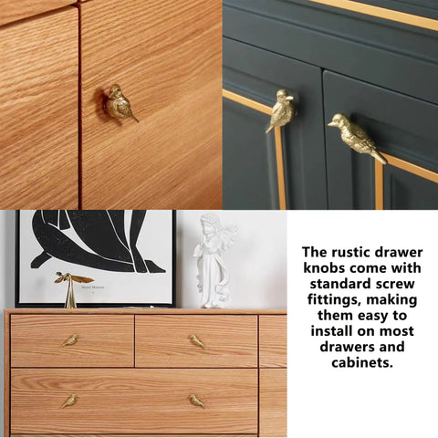 Image of 2 Pack Vintage Bird Cabinet Knobs in Brass Gold Finish installed on wood and dark cabinets in various room settings.