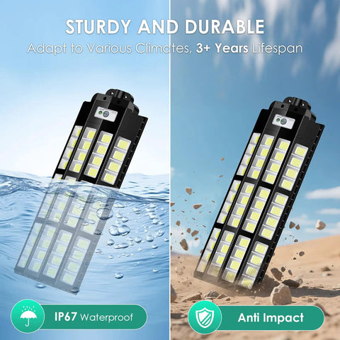 Sturdy and durable 12000W Solar Street Lights Outdoor Waterproof Two Pack Large Parking Lot Flood Lights under water and impact test.