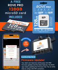 128GB microSD card and dash cam display mentioning Dual 4K Front And 1080P Rear Dash Cam With STARVIS 2 Sensor and 5G WiFi control.