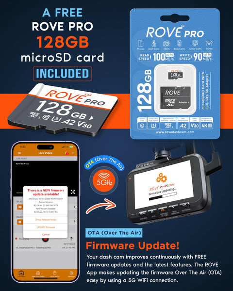 128GB microSD card and dash cam display mentioning Dual 4K Front And 1080P Rear Dash Cam With STARVIS 2 Sensor and 5G WiFi control.