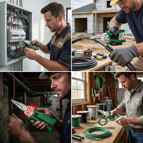 Heavy Duty 8 In 1 Wire Stripper And Voltage Tester With Beast Mode Crimping Pliers and Wire Twister used for electrical work.