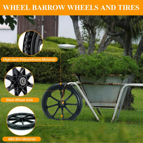 20 Inch Flat Free Wheelbarrow Wheels And Tires With 2.45 Inch Centered Hub For Three Quarter Inch And Five Eighth Inch Axles