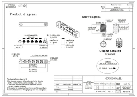 Technical drawing of Heavy Duty Aluminum 6061 Ground Bar Kit With Five Terminal Positions And Self Tapping Dovetail Screws, Two Piece Set